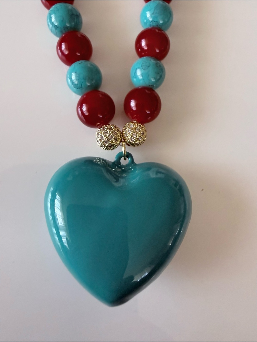 Hand Crafted Turquoise and Red Heart Pendant Necklace